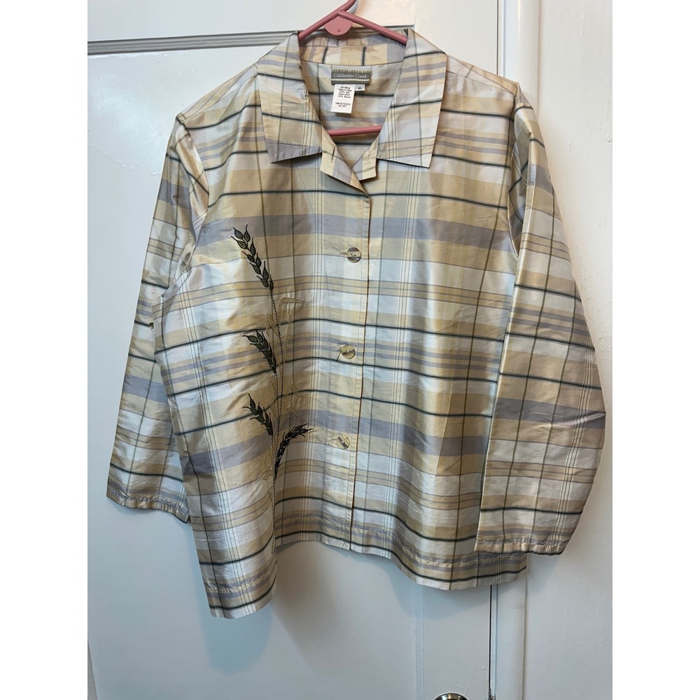 Coldwater Creek 100% Silk Plaid Embroidered Button Up Shirt Gold Tan Womens XL‎